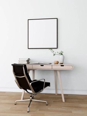 Kare çerçeveli çalışma odası, modern sandalye ve dekorasyonlar. 3d görüntüleme, iç tasarım, 3d illüstrasyon