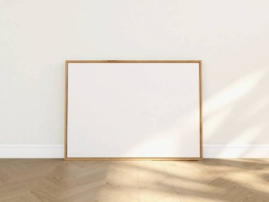 Yerde boş bir yatay çerçeve modeli var. 3d illüstrasyon, iç tasarım, 3d görüntüleme