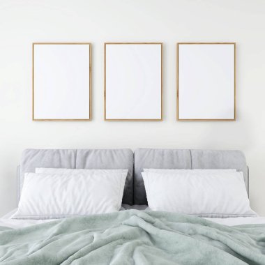 Üç boş dikey çerçeve ve gri yataklı bir yatak odası. 3d illüstrasyon, iç tasarım, 3d görüntüleme