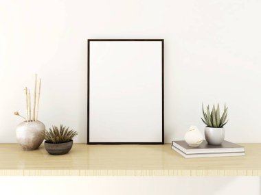 Boş bir çerçeve modeli, süs bitkileri, dekorasyonlar ve bir masanın üzerindeki kitaplar. 3d illüstrasyon, iç tasarım, 3d görüntüleme