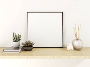 Boş kare çerçeve maketi, süs bitkileri, bir masanın üzerindeki süsler ve kitaplar. 3d illüstrasyon, iç tasarım, 3d görüntüleme