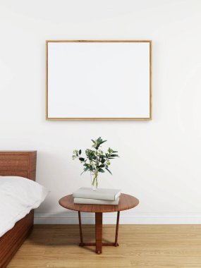 Boş yatay çerçeveli bir yatak odası, masa üzerinde süs bitkisi ve beyaz çarşaflı ahşap yatak. 3d illüstrasyon, iç tasarım, 3d görüntüleme