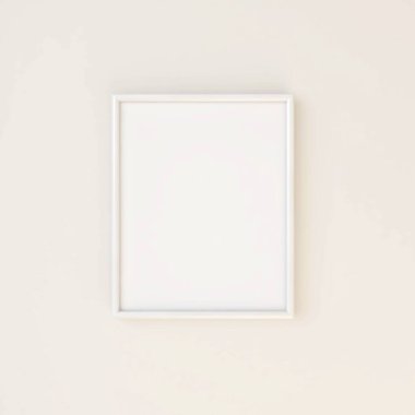 Bej duvarda boş bir çerçeve modeli var. 3d illüstrasyon, iç tasarım, 3d görüntüleme