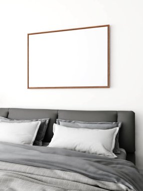 Yatay çerçeveli ve iç dekorasyonlu bir yatak odası. 3d görüntüleme, iç tasarım, 3d illüstrasyon