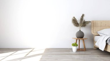 Havalı oda modeli, modern yatak ve süs bitkileri. 3d görüntüleme, iç tasarım, 3d illüstrasyon