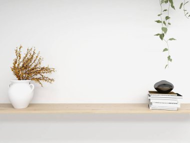 Süslü bitkilerle, kitaplarla ve masa dekorasyonlarıyla beyaz duvar modeli. 3d görüntüleme, iç tasarım, 3d illüstrasyon