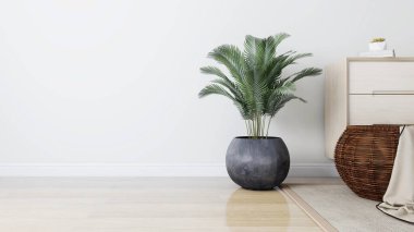 Depo dolabı, süs bitkisi, kitaplar ve çamaşır sepetinin olduğu bir odada duvar modeli. 3d görüntüleme, iç tasarım, 3d illüstrasyon