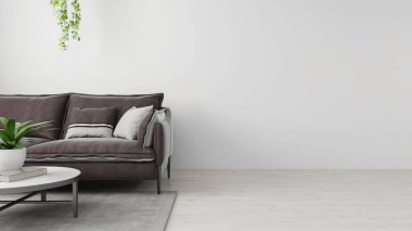 Oturma odasında deri kanepe, süslü bitkiler ve dekore edilmiş bir masa. 3d görüntüleme, iç tasarım, 3d illüstrasyon