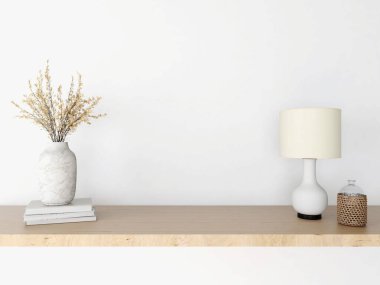 Vazoda süslü bitkiler, kitaplar, cam şişe ve lamba olan beyaz duvar modeli. 3d görüntüleme, iç tasarım, 3d illüstrasyon