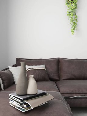 Oturma odasında deri kanepesi, süs bitkileri ve süslemeleri olan bir duvar modeli. 3d görüntüleme, iç tasarım, 3d illüstrasyon