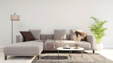 Oturma odasında dekoratif bir bitki, dekore edilmiş bir masa, rahat bir kanepe ve yer lambası olan bir duvar modeli. 3d görüntüleme, iç tasarım, 3d illüstrasyon