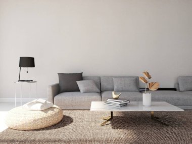 Modern oturma odasında, gri kanepesi, masa lambası ve iç dekorasyonu olan bir duvar modeli. 3d görüntüleme, iç tasarım, 3d illüstrasyon