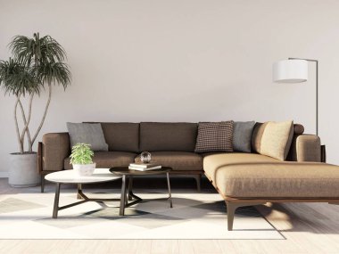 Oturma odasının duvar modeli, kahverengi kanepe ve süs bitkileri, lamba ve kitaplarla dekorasyon. 3d görüntüleme, iç tasarım, 3d illüstrasyon