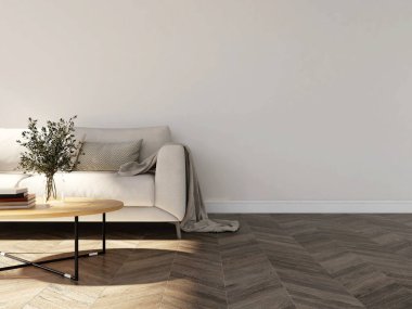 Oturma odasının duvar modeli bej kanepe, sehpa, süs bitkileri ve kitaplarla dolu. 3d görüntüleme, iç tasarım, 3d illüstrasyon