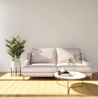 Oturma odasının duvar maketi, hafif bir kanepe, süs bitkileri ve kitaplar. 3d görüntüleme, iç tasarım, 3d illüstrasyon