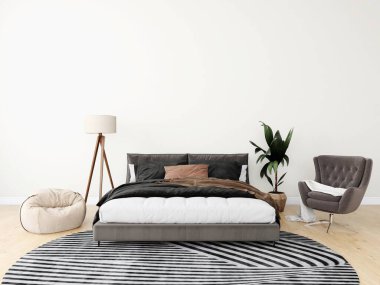 Yatak odasının duvar maketi. Yatak odası ve iç dekorasyonu. İçinde puf, yer lambası, koltuk ve süs bitkisi var. 3d görüntüleme, iç tasarım, 3d illüstrasyon