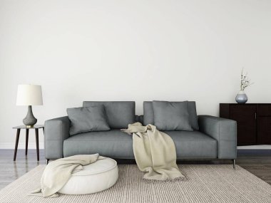 Gri kanepe, lamba, süs bitkisi ve sedirli bir oturma odasının duvar modeli. 3d görüntüleme, iç tasarım, 3d illüstrasyon