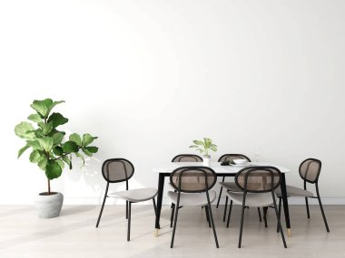 Süslü bir bitki ve masa dekorasyonu olan bir yemek odasının duvar maketi. 3d görüntüleme, iç tasarım, 3d illüstrasyon