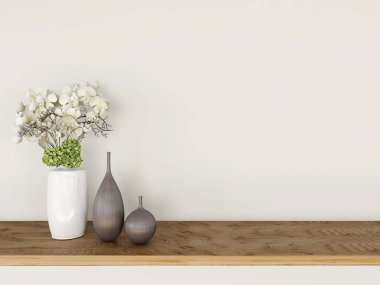 Süslü bitki ve masa süslemeleriyle duvar modeli. 3d görüntüleme, iç tasarım, 3d illüstrasyon