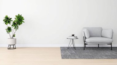 Oturma odasının duvar modeli gri bir kanepe, kitaplarla süslenmiş bir masa ve süs bitkisi. 3d görüntüleme, iç tasarım, 3d illüstrasyon