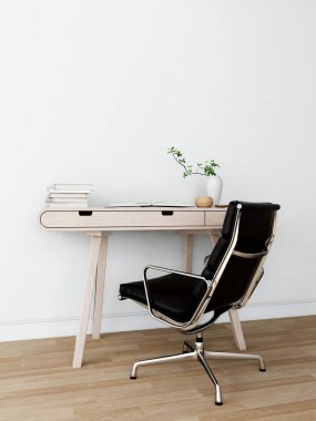 Modern ve minimalist iç dekorasyonlu çalışma odası. 3d görüntüleme, iç tasarım, 3d illüstrasyon