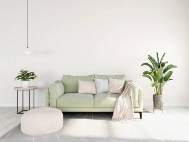 Oturma odasında yeşil kanepeli bir duvar modeli, süs bitkileri, puf ve lamba. 3d görüntüleme, iç tasarım, 3d illüstrasyon