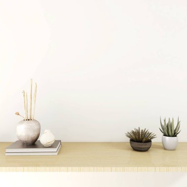 Süslü bitkiler, dekorasyonlar ve kitaplarla duvar modeli. 3d görüntüleme, iç tasarım, 3d illüstrasyon