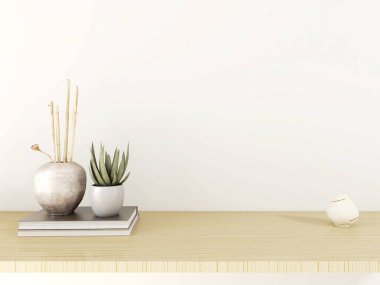 Süslü bitkiler, dekorasyonlar ve kitaplarla beyaz duvar modeli. 3d görüntüleme, iç tasarım, 3d illüstrasyon