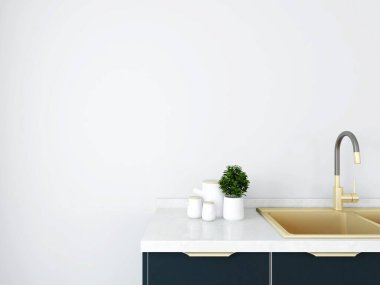 Altın bulaşık makinesi ve süs bitkisi olan bir mutfağın duvar maketi. 3d görüntüleme, iç tasarım, 3d illüstrasyon