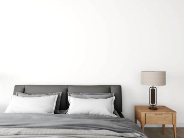 Yatak odasının duvar maketi, yatağı ve lambası olan bir komodin. 3d görüntüleme, iç tasarım, 3d illüstrasyon