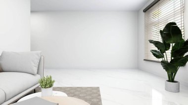 Beyaz kanepe, süsler ve süs bitkileriyle sade bir oturma odası. 3d görüntüleme, iç tasarım, 3d illüstrasyon