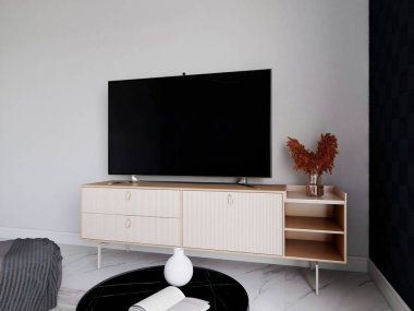 Televizyon ve iç dekorasyonlu oturma odası. 3d görüntüleme, iç tasarım, 3d illüstrasyon