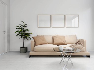 Üç boş kare çerçeveli oturma odası ve bitkilerle iç dekorasyon. 3d görüntüleme, iç tasarım, 3d illüstrasyon