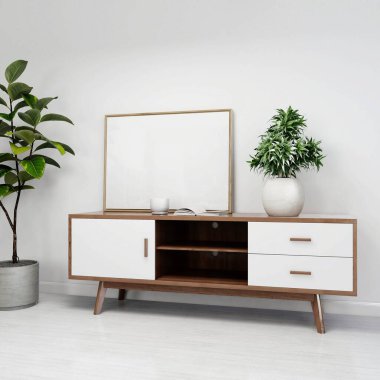 Oturma odasında televizyon dolabında boş bir çerçeve ve iç dekorasyon var. 3d görüntüleme, iç tasarım, 3d illüstrasyon