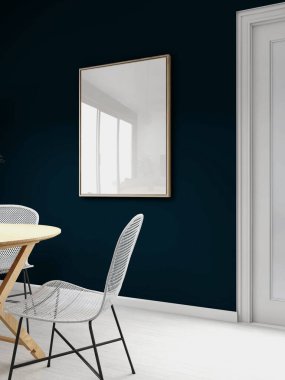 Dikey boş çerçeveli ve iç dekorasyonlu yemek odası. 3d görüntüleme, iç tasarım, 3d illüstrasyon