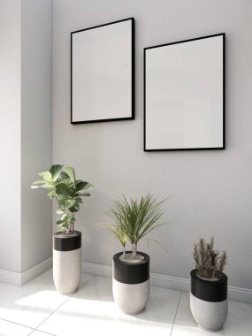 İki boş dikey çerçeve ve süs bitkileriyle iç dekorasyonu olan bir alan. 3d görüntüleme, iç tasarım, 3d illüstrasyon