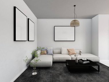 Üç boş çerçeveli oturma odası, beyaz kanepe ve süs bitkileri ve tavan lambasıyla iç dekorasyon. 3d görüntüleme, iç tasarım, 3d illüstrasyon