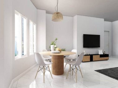 Süslü bitkiler ve televizyonla dekore edilmiş yemek odası. 3d görüntüleme, iç tasarım, 3d illüstrasyon