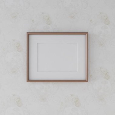 Beyaz bir duvarda yatay ahşap bir çerçeve. 3D görüntüleme, iç tasarım, 3B illüstrasyon