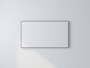 Beyaz bir duvarda boş bir yatay çerçeve modeli. 3D görüntüleme, iç tasarım, 3B illüstrasyon