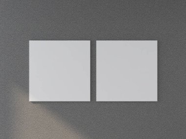 Gri bir duvardaki iki boş kare çerçevenin maketi. 3D görüntüleme, iç tasarım, 3B illüstrasyon