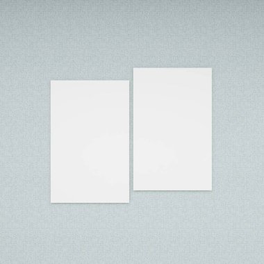 Açık mavi bir duvardaki iki boş dikey çerçevenin maketi. 3D görüntüleme, iç tasarım, 3B illüstrasyon