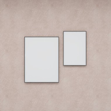 Pembe bir duvarda iki boş dikey çerçevenin maketi. 3D görüntüleme, iç tasarım, 3B illüstrasyon