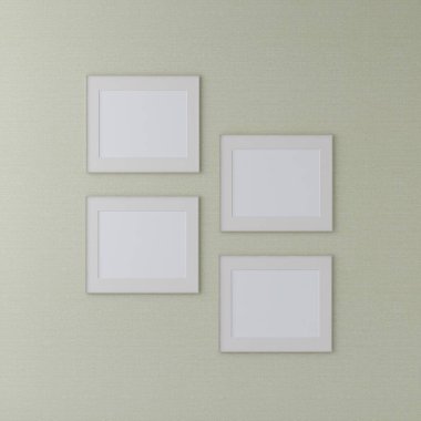 Yeşil bir duvardaki dört boş yatay çerçevenin maketi. 3D görüntüleme, iç tasarım, 3B illüstrasyon