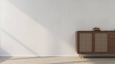 Büfe ve dekorlu bir oturma odasının beyaz duvar maketi. 3D görüntüleme, iç tasarım, 3B illüstrasyon