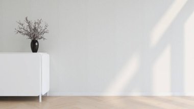 Beyaz büfe ve dekorlu oturma odası modeli, yatay görüntü oryantasyonu. 3D görüntüleme, iç tasarım, 3B illüstrasyon