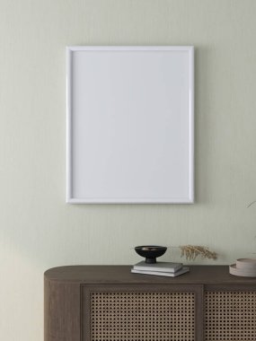 Dekorasyonunda büfe olan yeşil bir duvarda boş bir çerçeve modeli. 3D görüntüleme, iç tasarım, 3B illüstrasyon