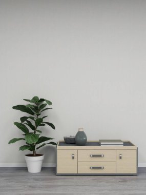 Oturma odasının duvarında büfe ve bitki modelleri var. 3D görüntüleme, iç tasarım, 3B illüstrasyon