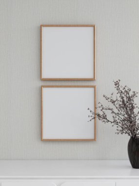 Duvardaki iki boş kare çerçevenin maketi ve bitki süslemesi. 3D görüntüleme, iç tasarım, 3B illüstrasyon