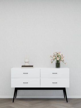 Beyaz büfeli ve iç dekorasyonlu bir oturma odasının duvar modeli. 3D görüntüleme, iç tasarım, 3B illüstrasyon